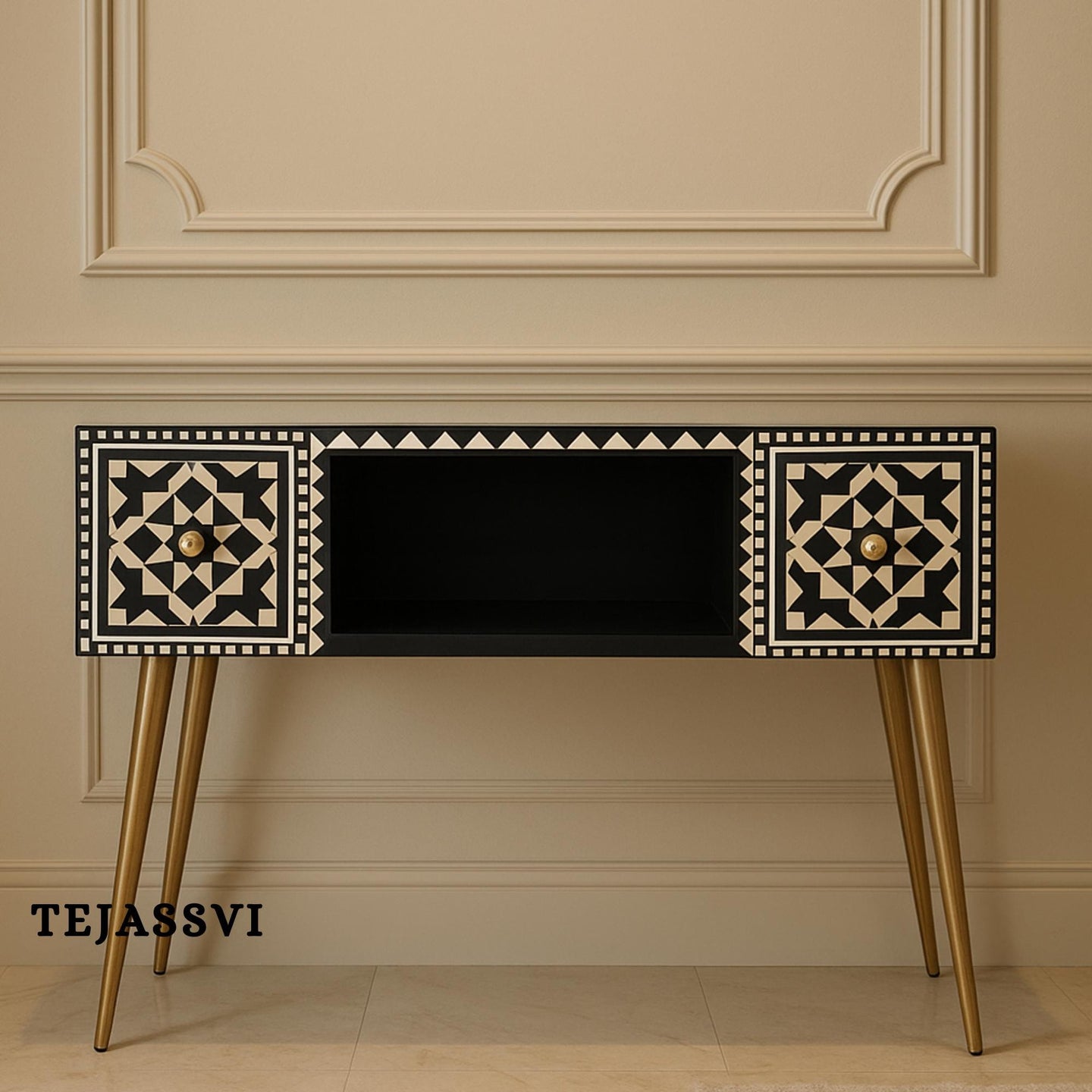 Handmade Bone Inlay Wooden Modern Black Console Table Bone Inlay Desk With 2 Drawer Furniture With Metal Legs/Wooden Side Table/Luxury Table